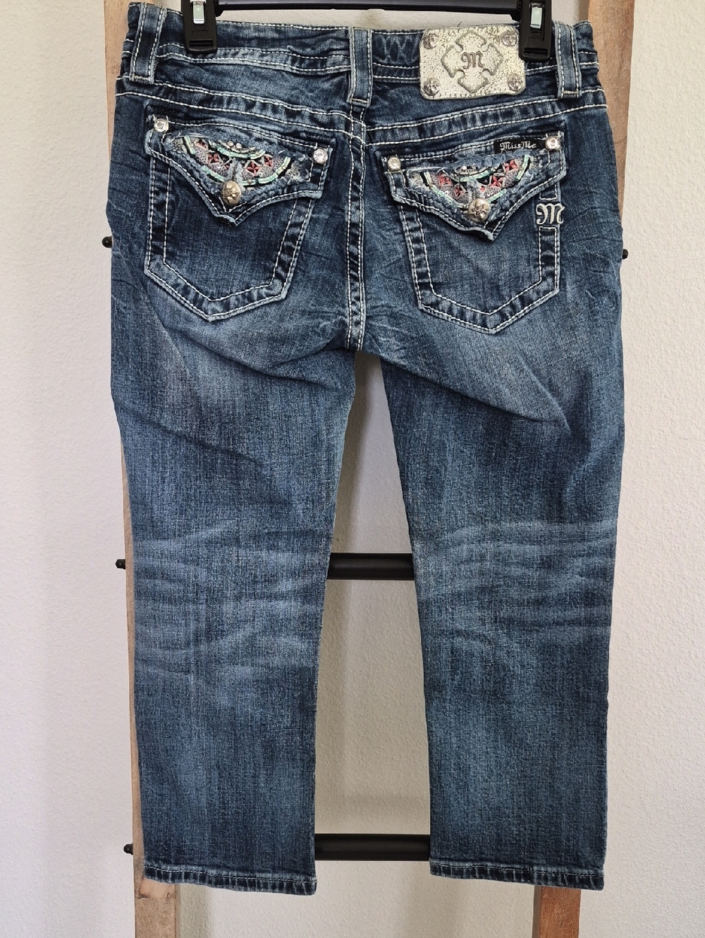 Miss Me Dark Blue Embroidered Capris